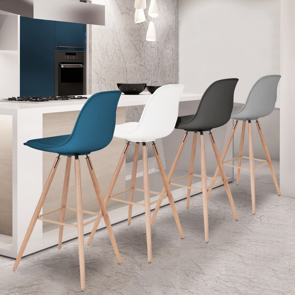 Lot de 4 tabourets de bar SARA mélange de couleurs gris foncé, gris clair, blanc et bleu canard