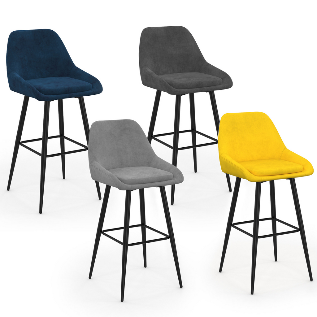 Lot de 4 tabourets de bar THALYA en velours mix color bleu, gris clair, gris foncé, jaune avec demi-accoudoirs