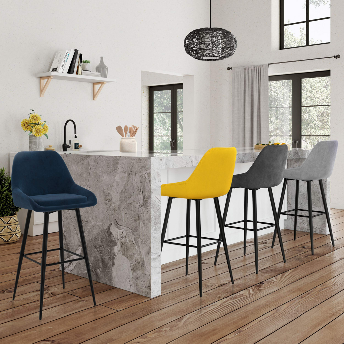 Lot de 4 tabourets de bar THALYA en velours mix color bleu, gris clair, gris foncé, jaune avec demi-accoudoirs