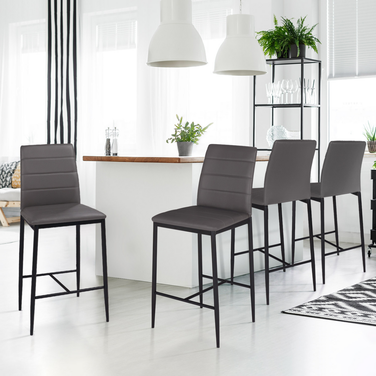 Lot de 4 tabourets ROMANE en PVC gris design contemporain chaises de bar rembourrées