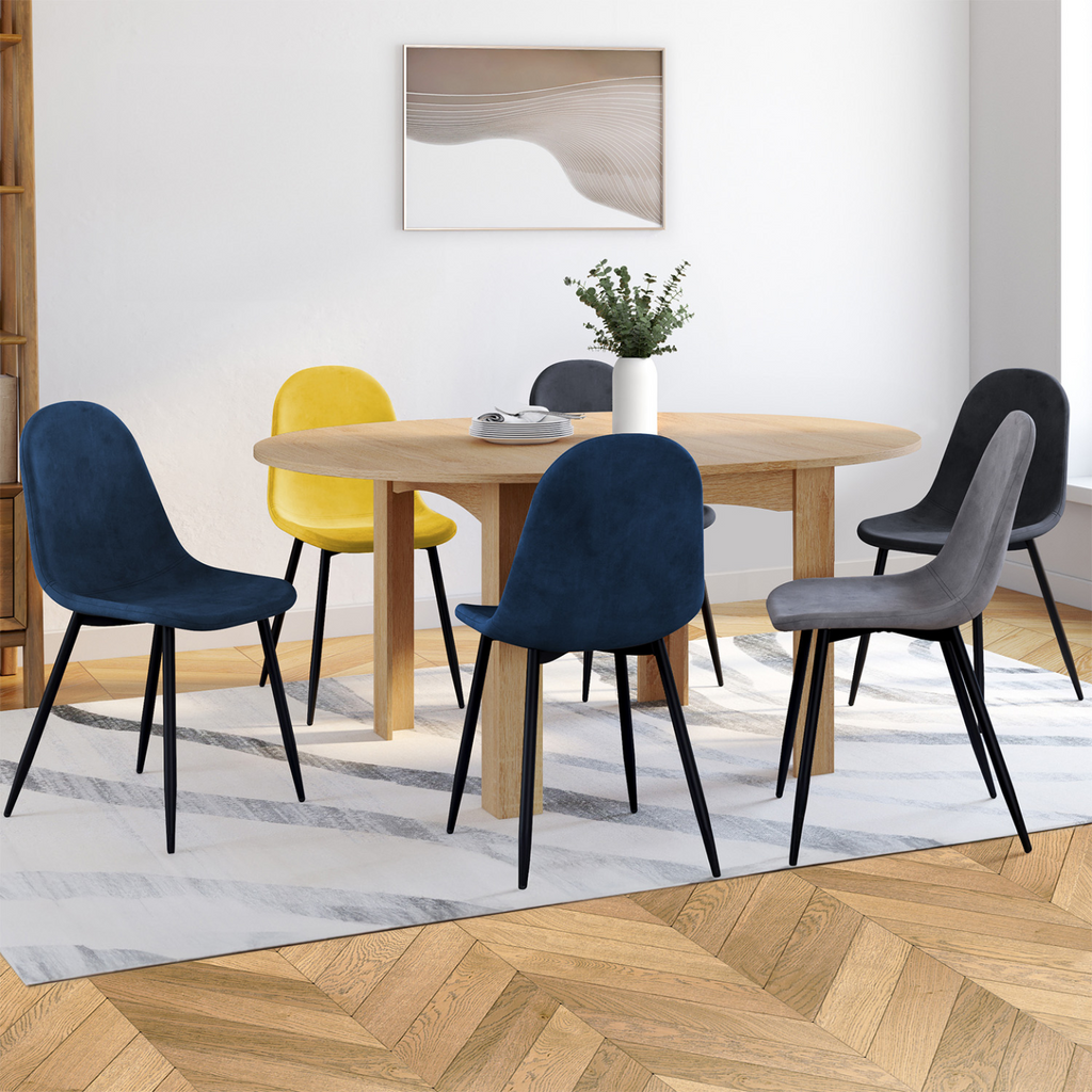 Lot de 6 chaises DALI en velours coloris assortis bleu, gris foncé, gris clair et jaune