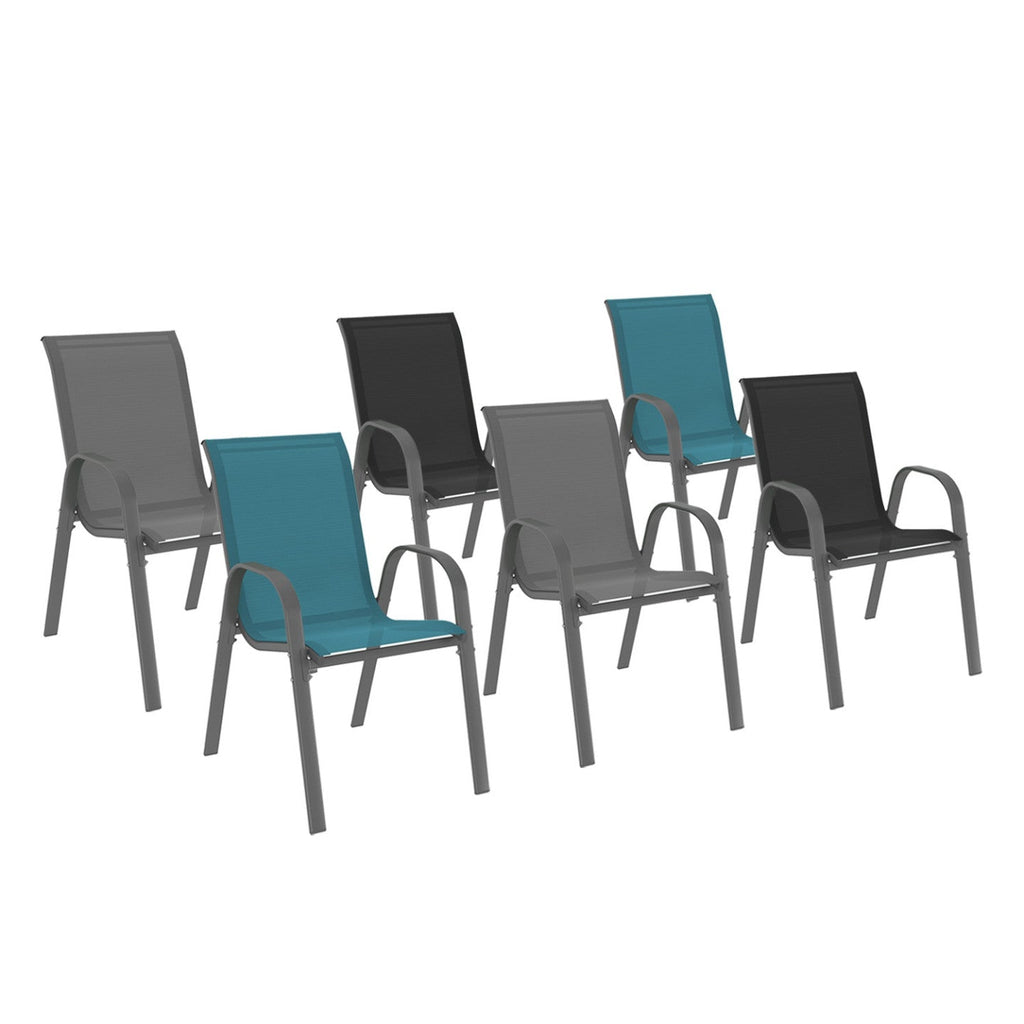 Lot de 6 chaises de jardin empilables LYMA en métal et textilène gris, noir et bleu