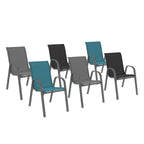 Lot de 6 chaises de jardin empilables LYMA en métal et textilène gris, noir et bleu