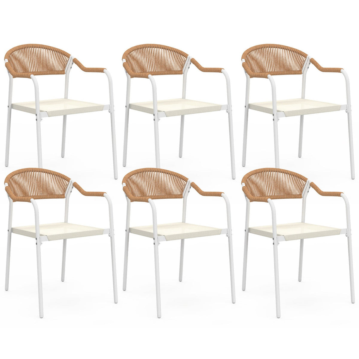 Lot de 6 chaises de jardin MADEIRA en métal blanc, cordage, textilène beige et rotin clair