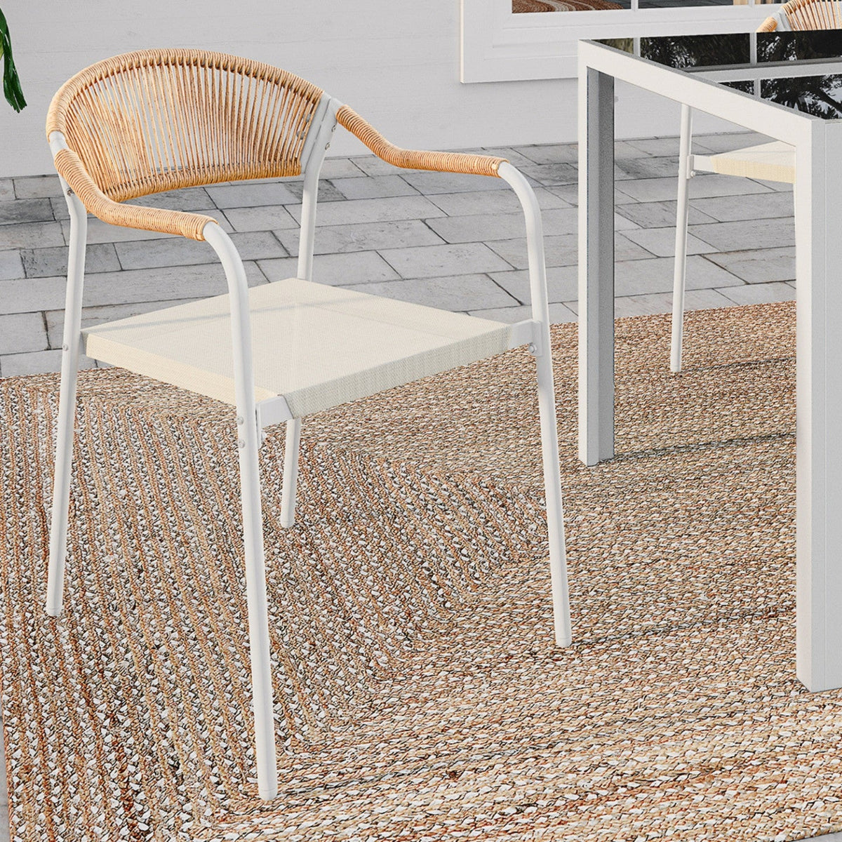 Lot de 6 chaises de jardin MADEIRA en métal blanc, cordage, textilène beige et rotin clair