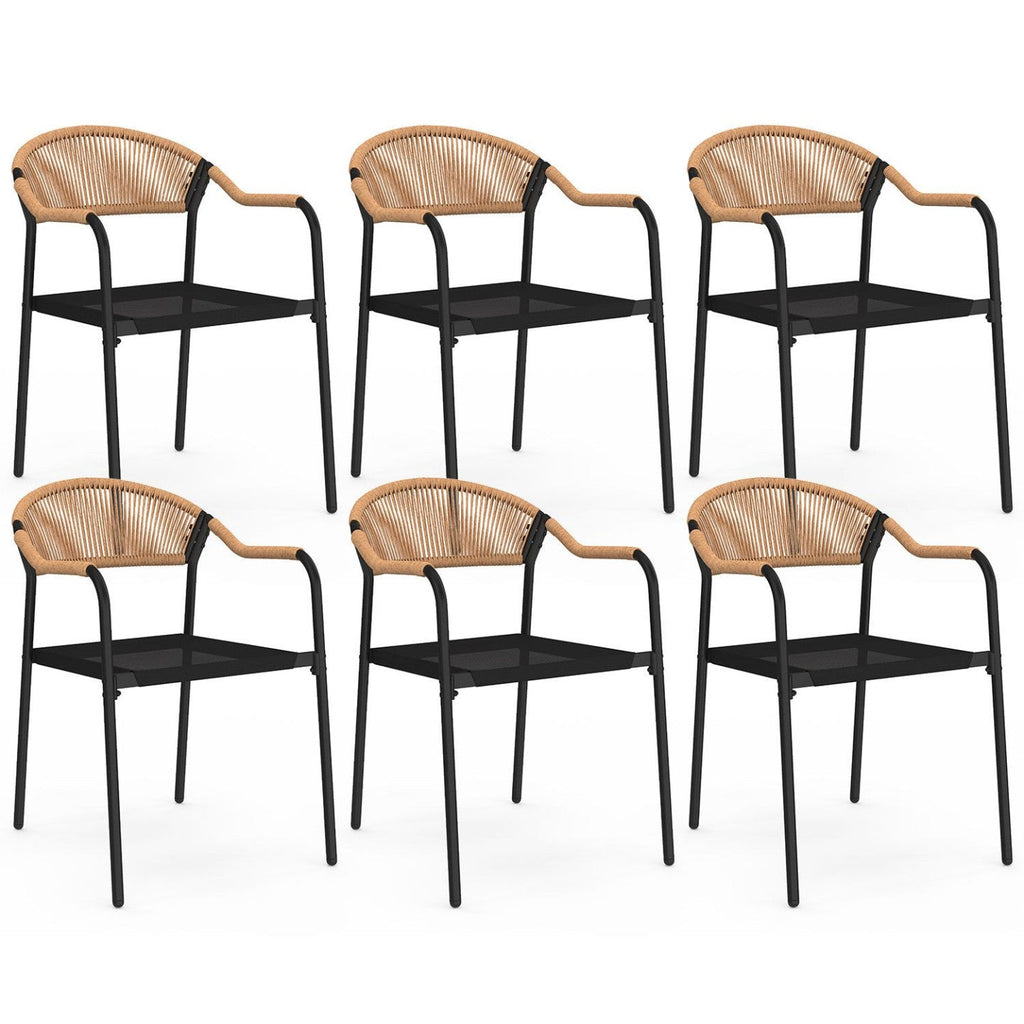 Lot de 6 chaises de jardin MADEIRA en métal, cordage, textilène noir et rotin clair