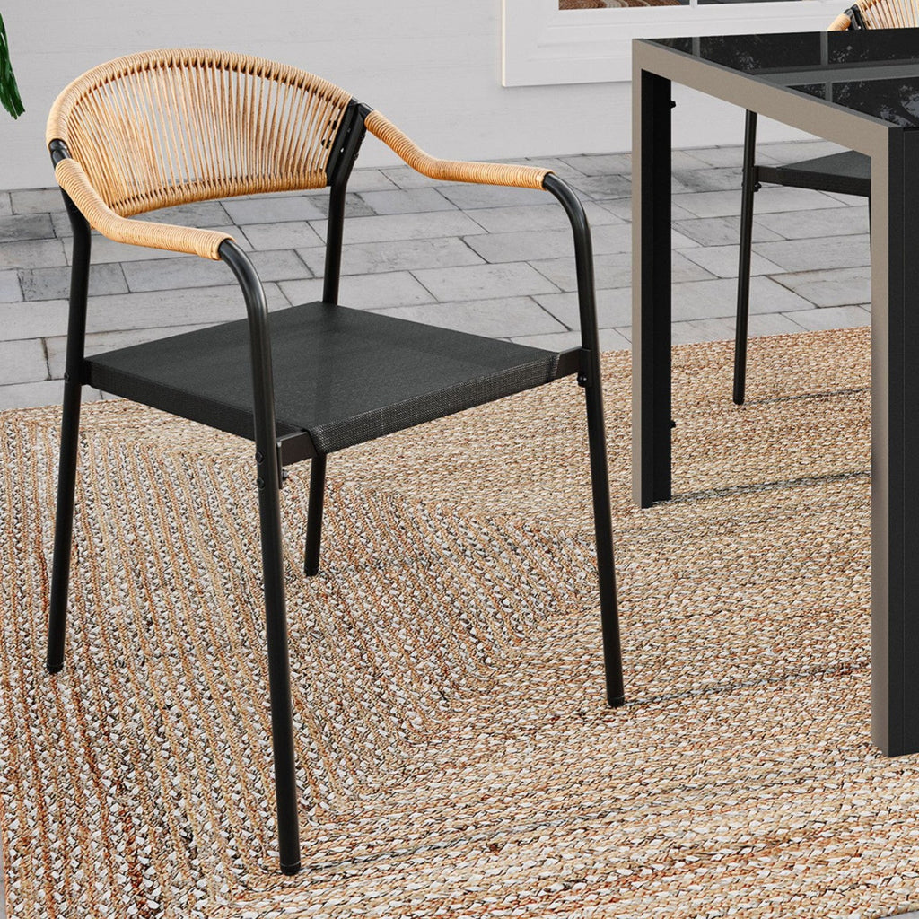 Lot de 6 chaises de jardin MADEIRA en métal, cordage, textilène noir et rotin clair