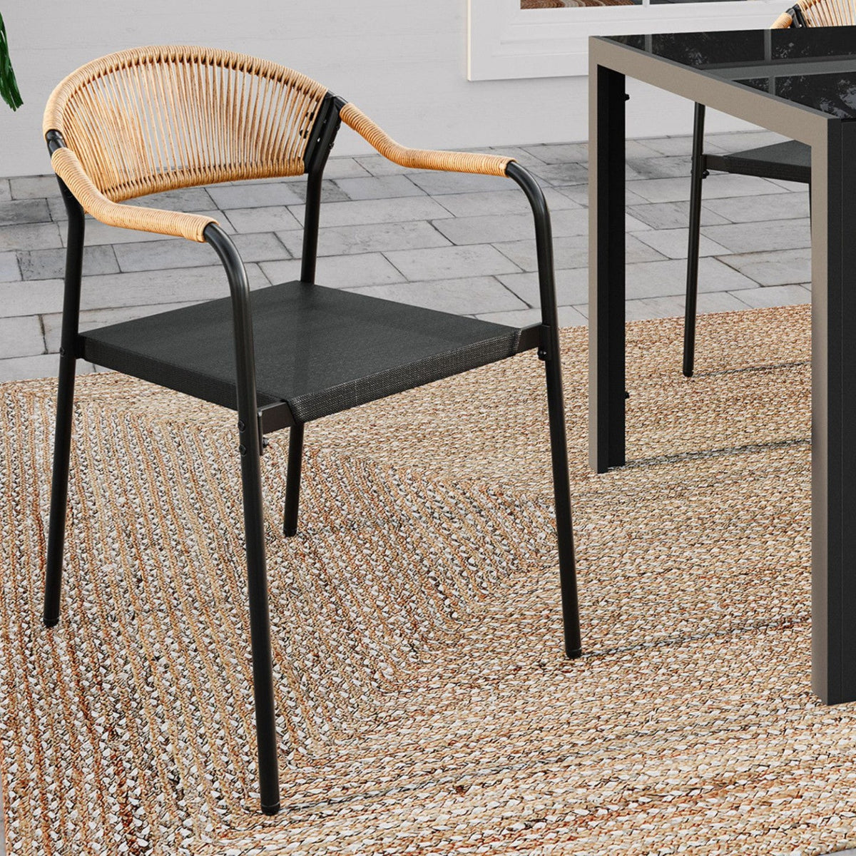 Lot de 6 chaises de jardin MADEIRA en métal, cordage, textilène noir et rotin clair