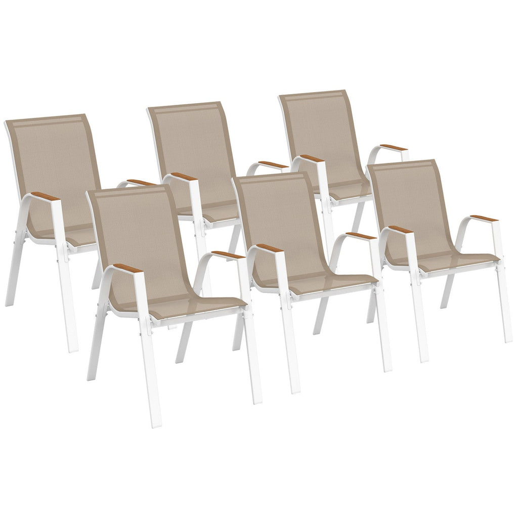 Lot de 6 chaises de jardin NOUMEA empilables en métal et textilène blanc et bois