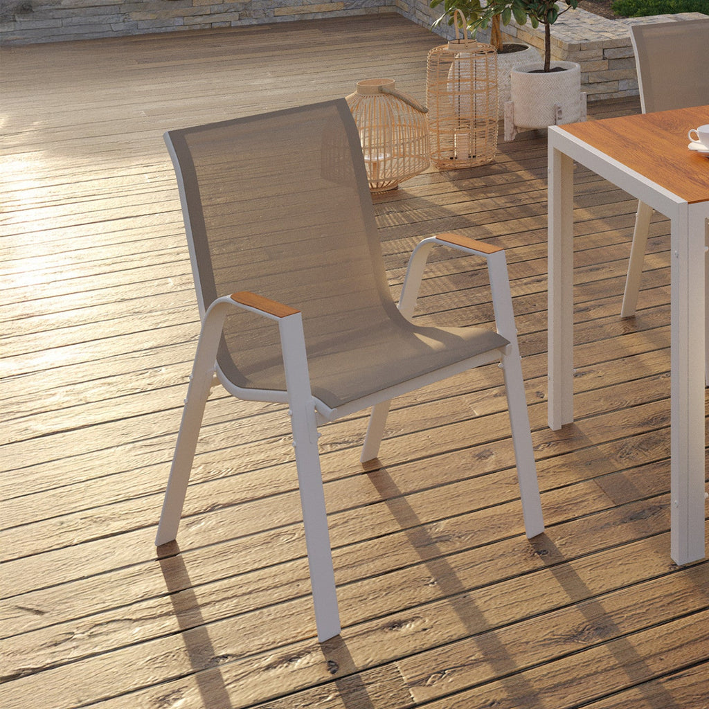 Lot de 6 chaises de jardin NOUMEA empilables en métal et textilène blanc et bois