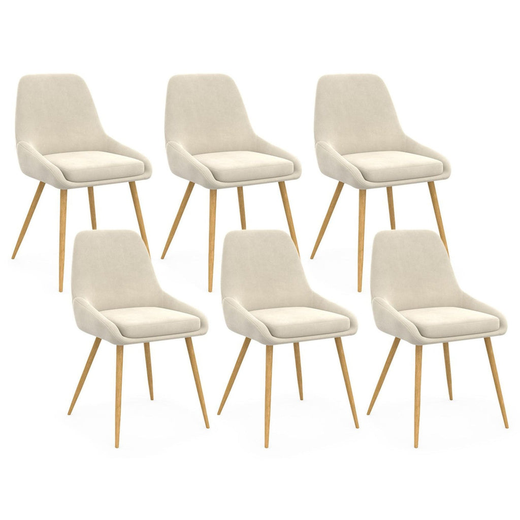 Lot de 6 chaises THALYA en velours beige et pieds effet bois avec accoudoirs