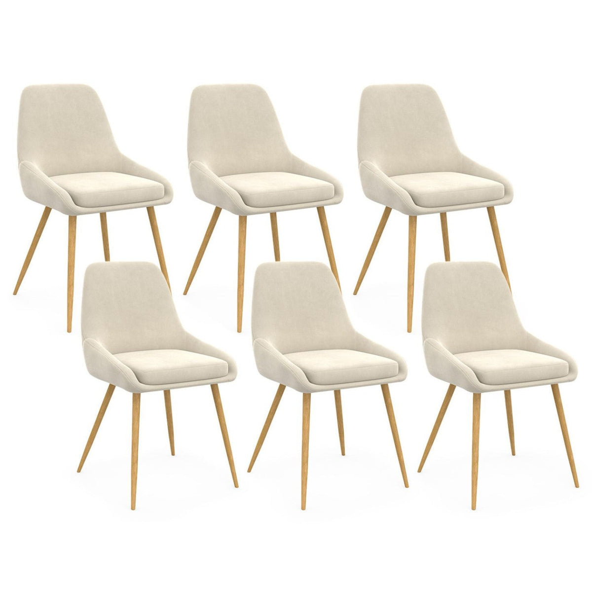 Lot de 6 chaises THALYA en velours beige et pieds effet bois avec accoudoirs