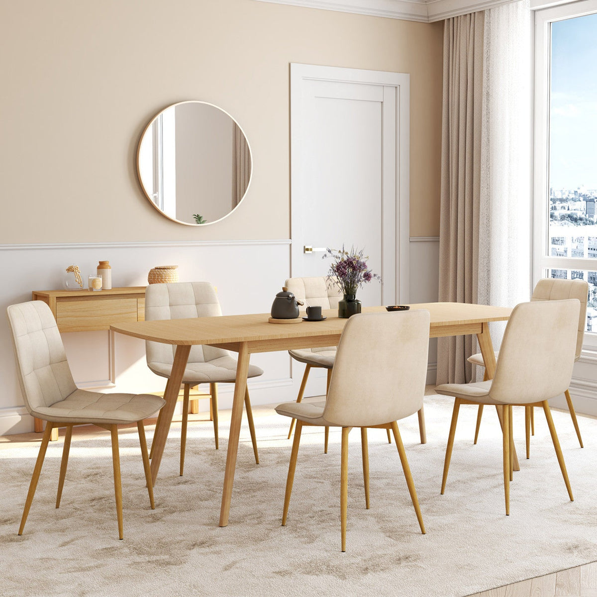 Lot de 6 chaises MILA en velours beige et pieds effet bois pour salle à manger