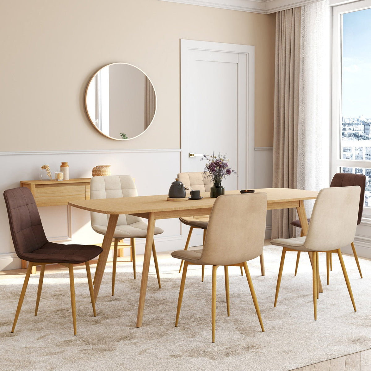 Lot de 6 chaises MILA en velours coloris assortis taupe x2, beige x2, marron x2 et pieds effet bois pour salle à manger