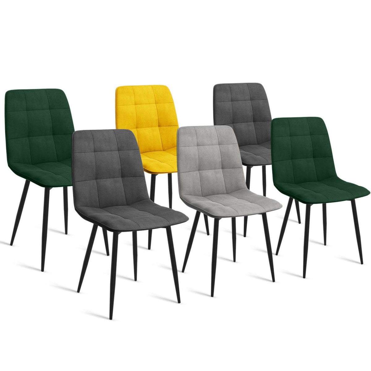 Lot de 6 chaises MILA en velours mix coloris vert x2, gris foncé x2, gris clair, jaune