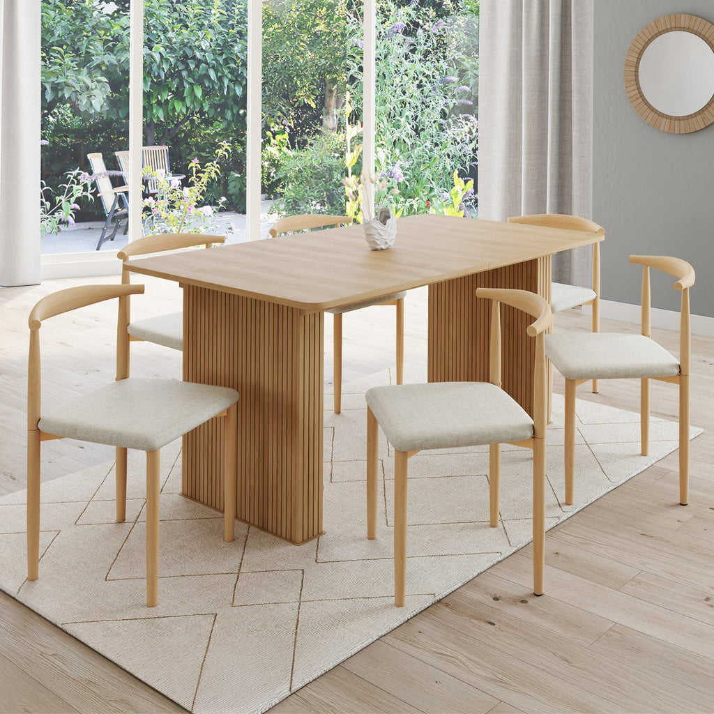 Lot de 6 chaises NOE en imitation bois et assise en tissu beige pour salle à manger
