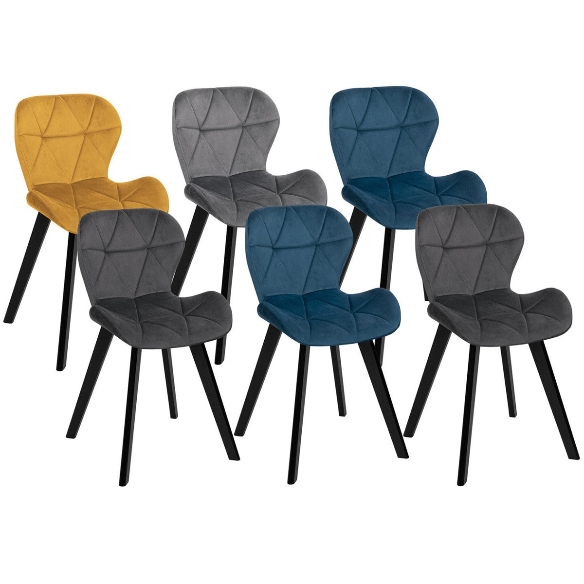 Lot de 6 chaises ROBINE en velours mix coloris bleu x2, gris foncé x2, gris clair et jaune