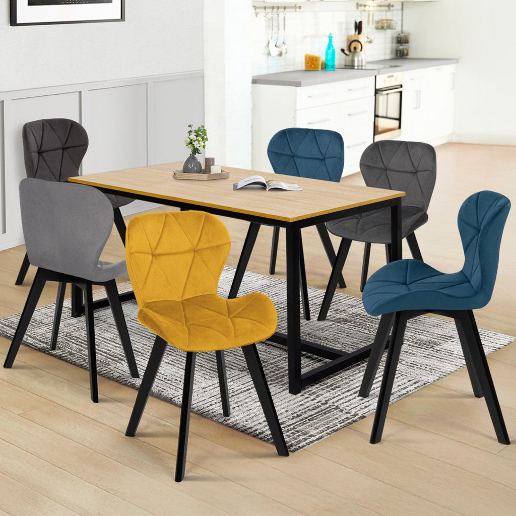 Lot de 6 chaises ROBINE en velours mix coloris bleu x2, gris foncé x2, gris clair et jaune