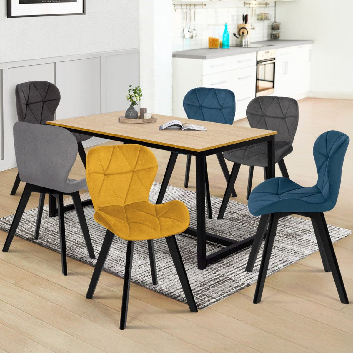 Lot de 6 chaises ROBINE en velours mix coloris bleu x2, gris foncé x2, gris clair et jaune