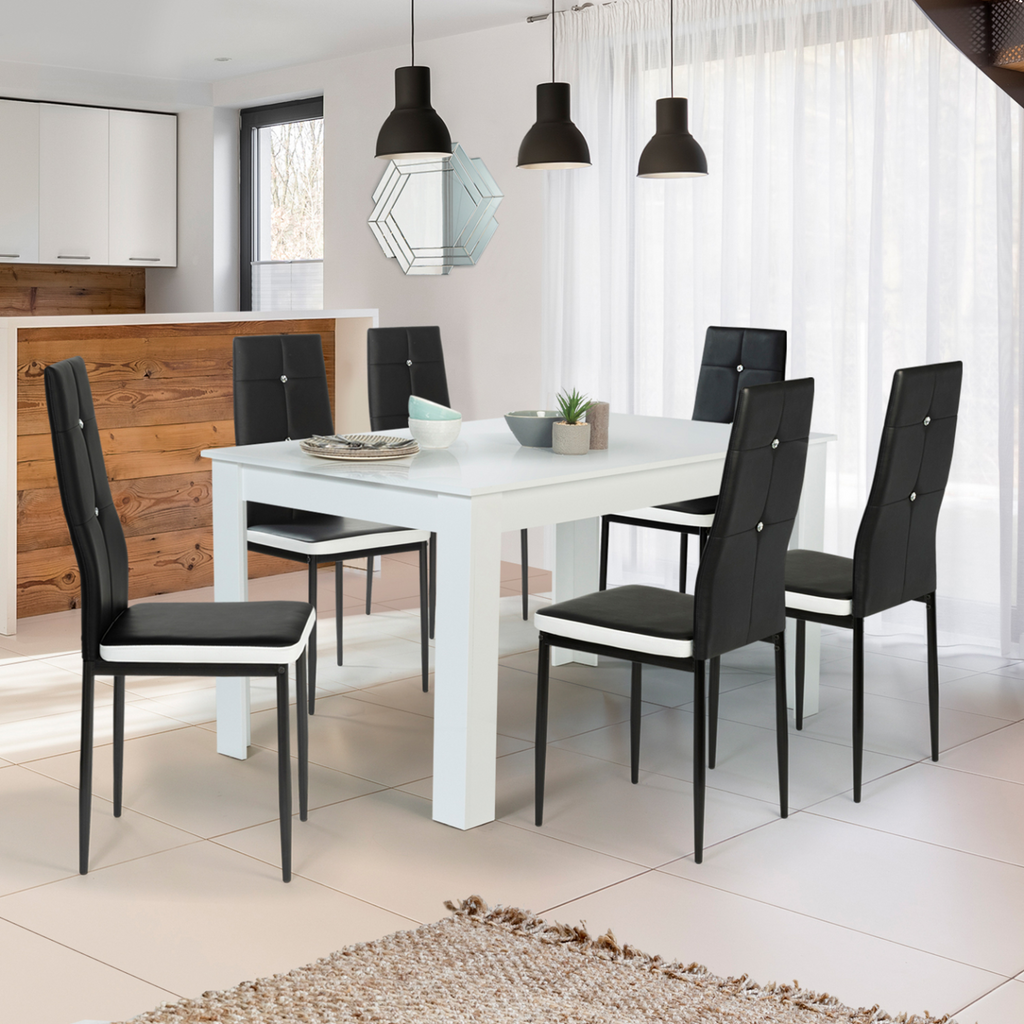 Lot de 6 chaises ROMANE noires à bandeau blanc avec strass pour salle à manger