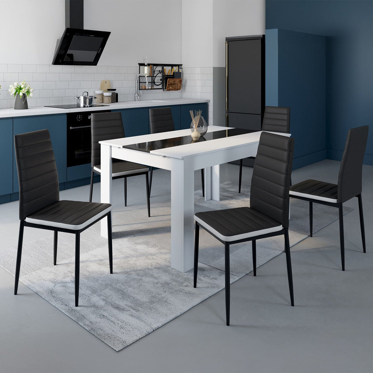 Lot de 6 chaises ROMANE noires à bandeau blanc pour salle à manger