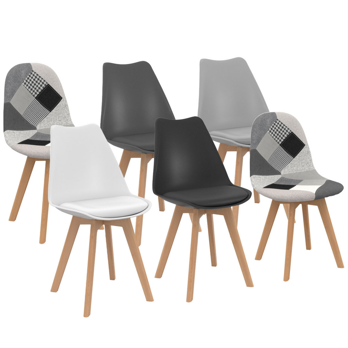 Lot de 6 chaises scandinaves SARA gris foncé, gris clair, blanc, noir et patchwork noir, gris et blanc