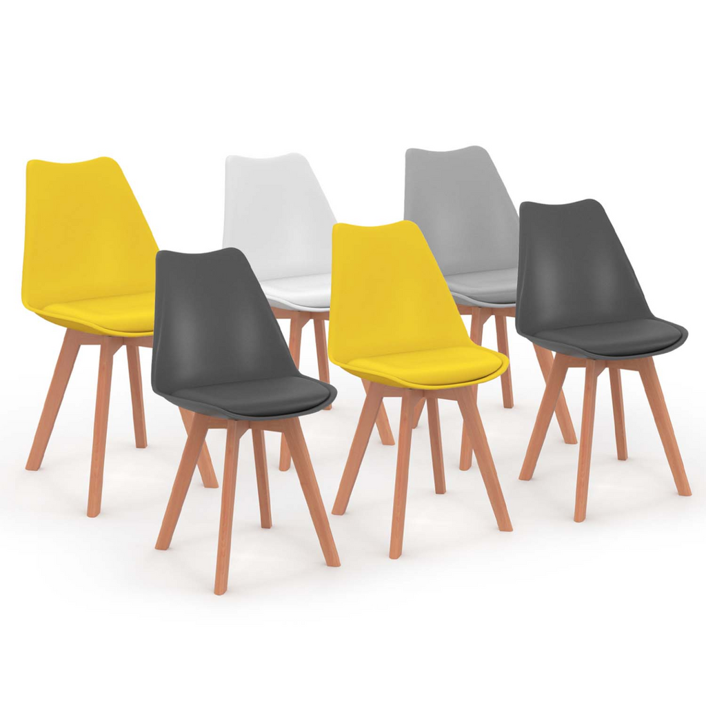 Lot de 6 chaises scandinaves SARA mix coloris gris clair, blanc, gris foncé x2, jaune x2