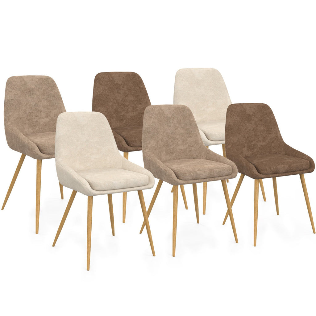 Lot de 6 chaises THALYA en tissu chenille mix coloris taupe x2, beige x2, marron x2 et pieds effet bois avec accoudoirs