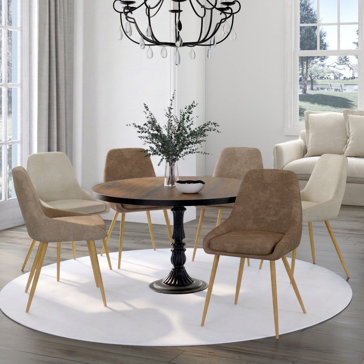 Lot de 6 chaises THALYA en tissu chenille mix coloris taupe x2, beige x2, marron x2 et pieds effet bois avec accoudoirs