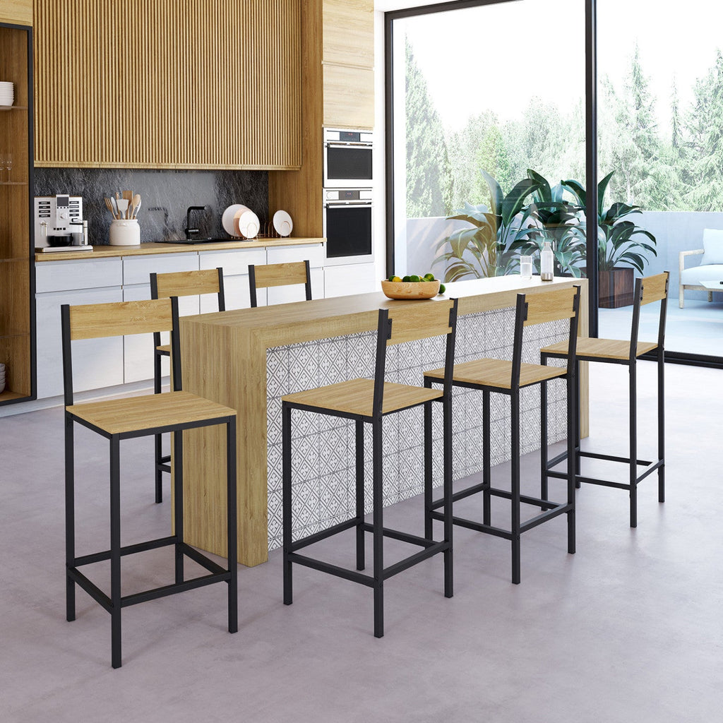 Set of 6 DETROIT bar stools with backrest, industrial design kitchen chair