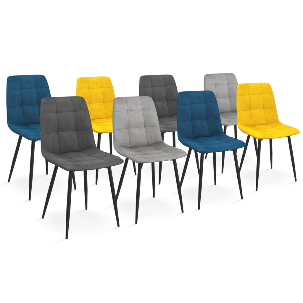 Lot de 8 chaises MILA en velours coloris assortis : bleu x2, gris foncé x2, gris clair x2, jaune x2