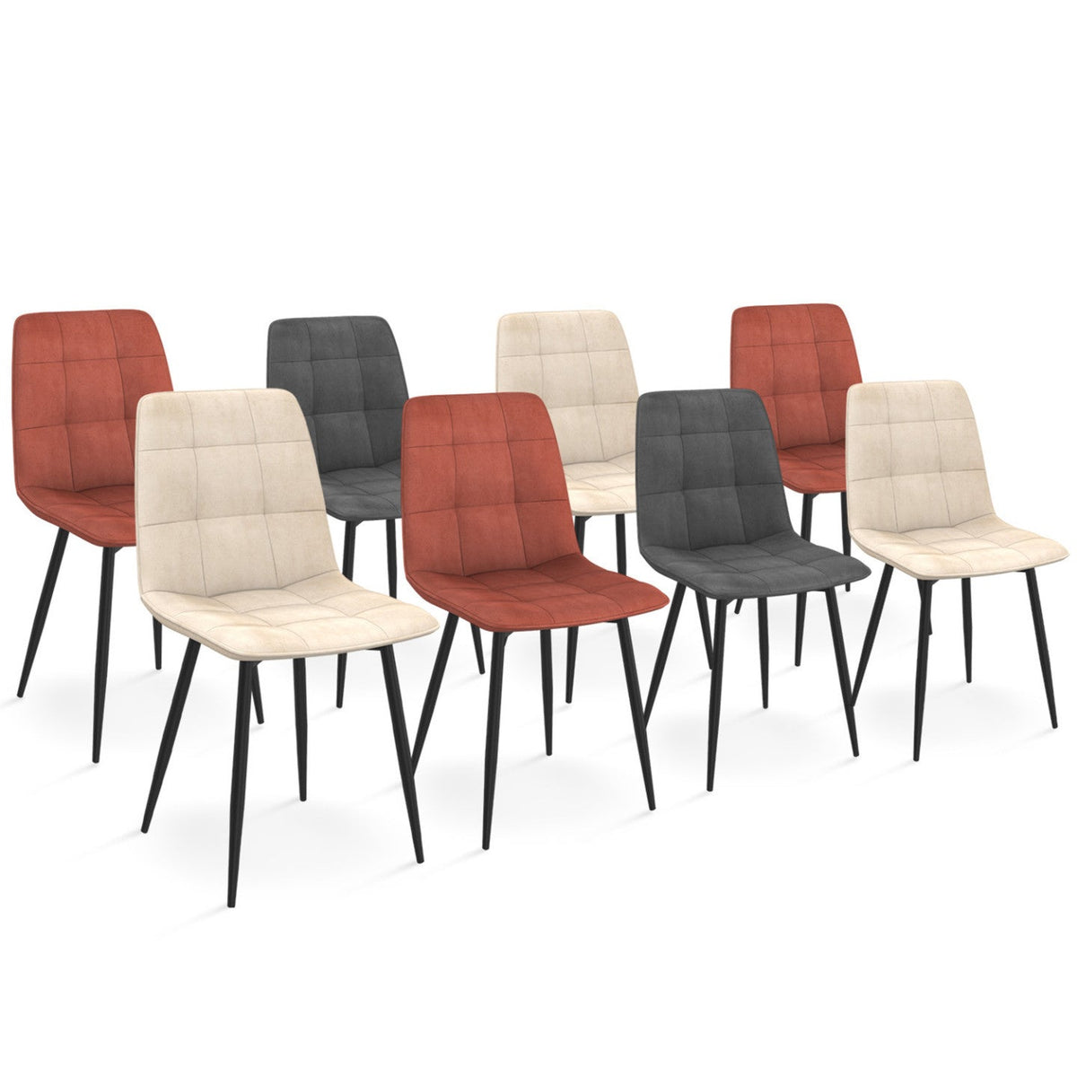 Lot de 8 chaises MILA en velours mix coloris terracotta x3, gris foncé x2 et beige x3