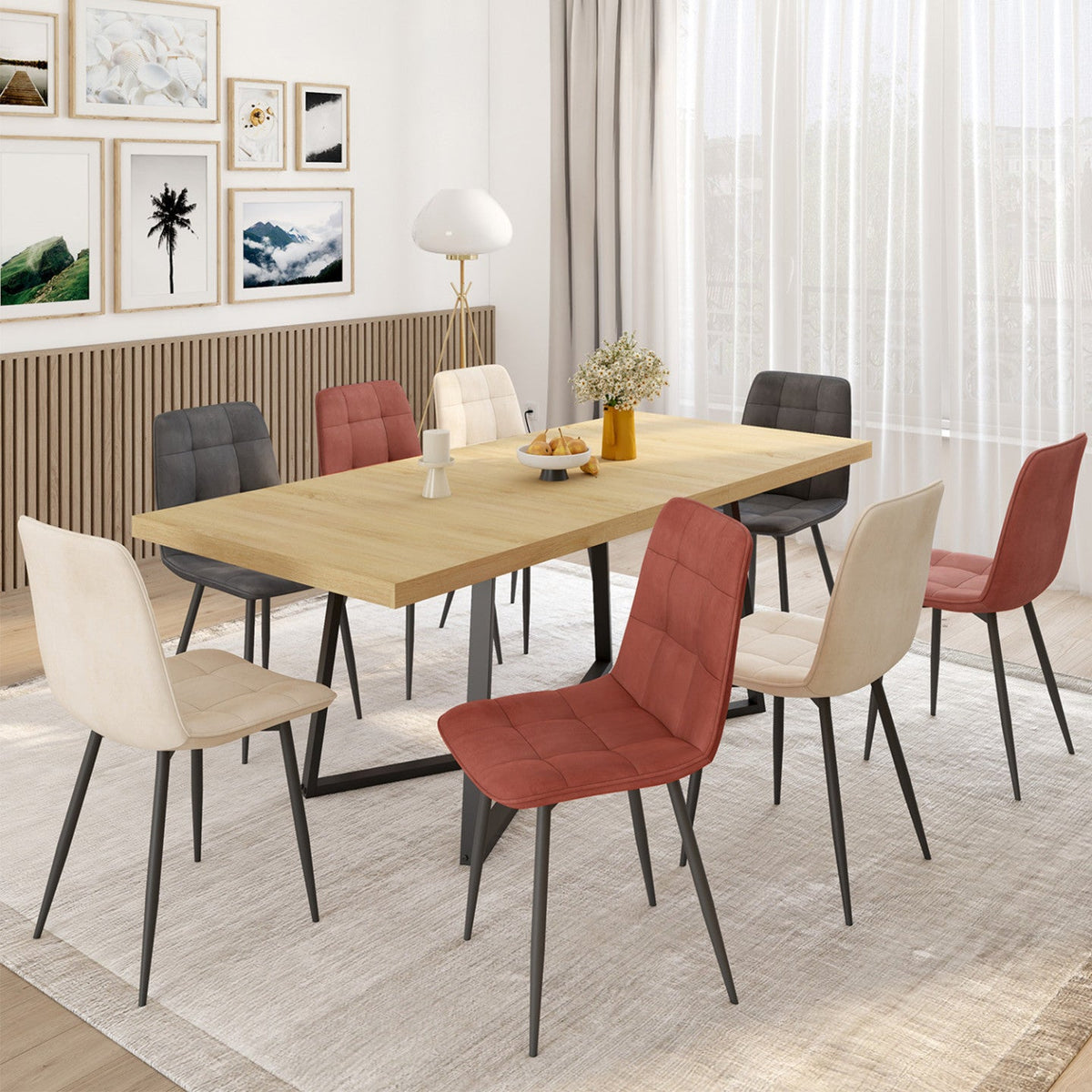 Lot de 8 chaises MILA en velours mix coloris terracotta x3, gris foncé x2 et beige x3