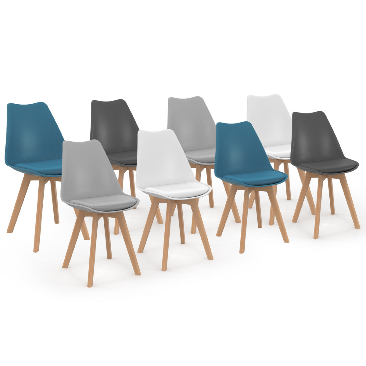 Lot de 8 chaises scandinaves SARA mix coloris blanc x2, gris clair x2, gris foncé x2, bleu canard x2