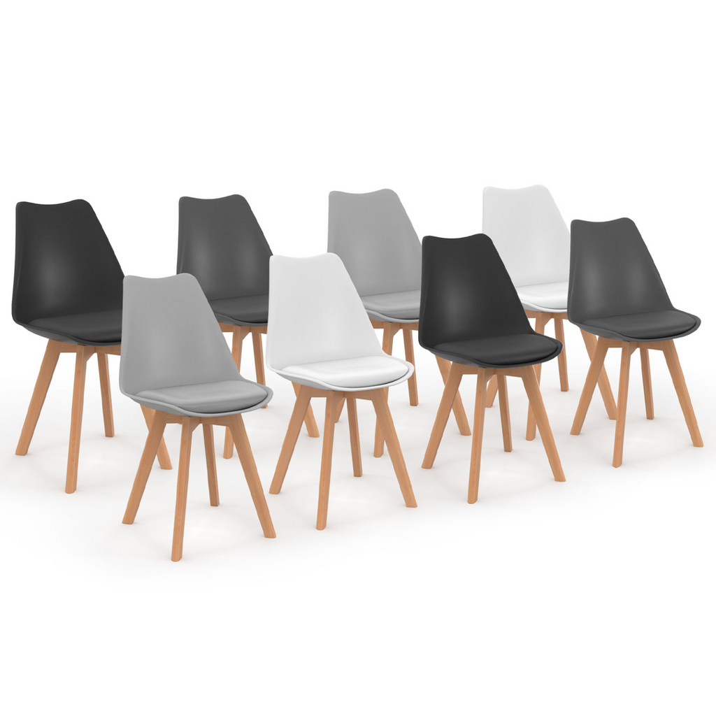 Lot de 8 chaises scandinaves SARA mix coloris blanc x2, gris clair x2, gris foncé x2, noir x2