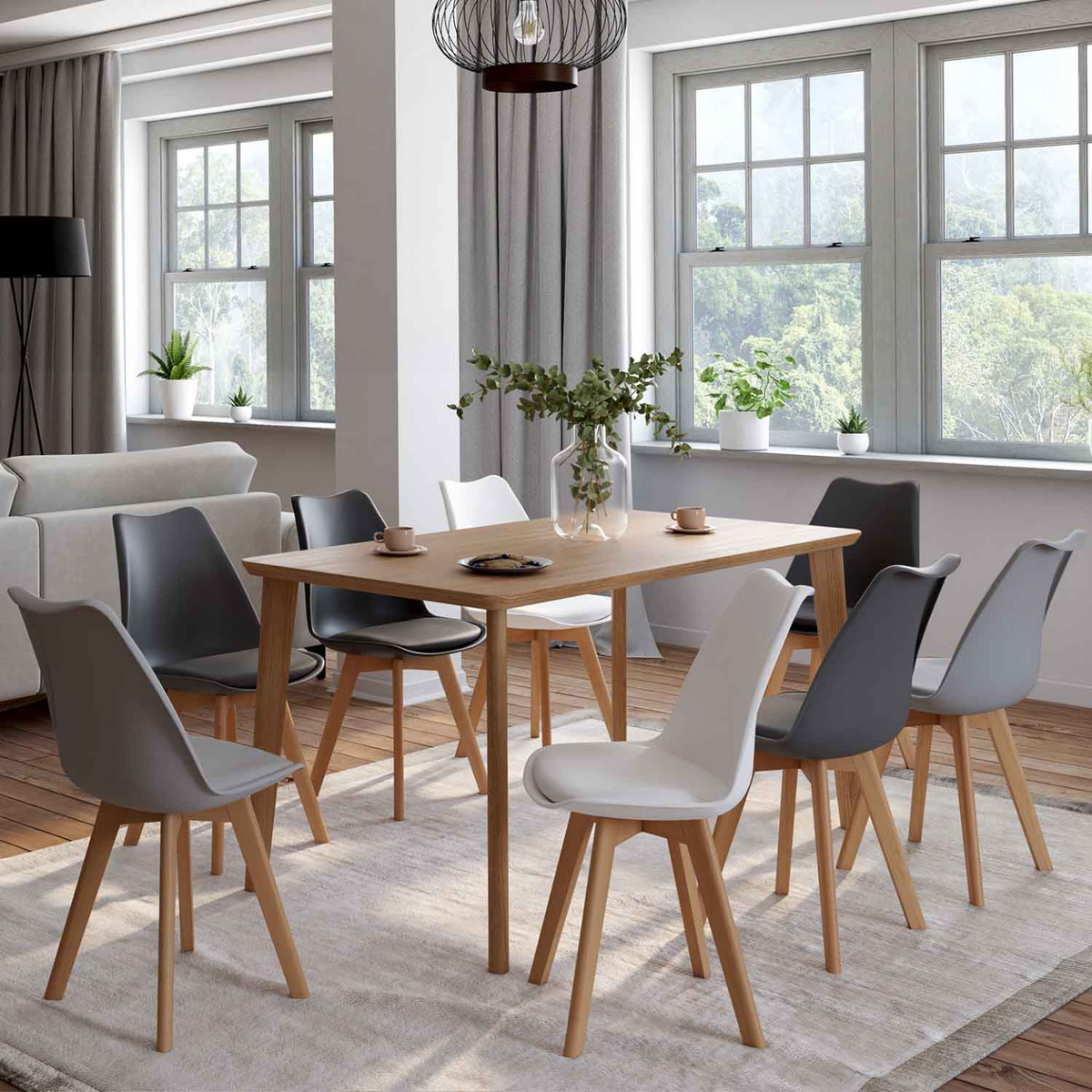 Lot de 8 chaises scandinaves SARA mix coloris blanc x2, gris clair x2, gris foncé x2, noir x2