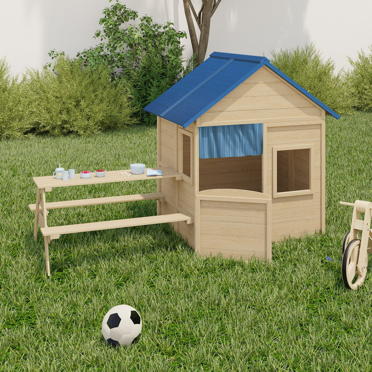 Maisonnette enfant en bois ODYSSEY, cabane de jeux extérieure avec table de pique-nique intégrée