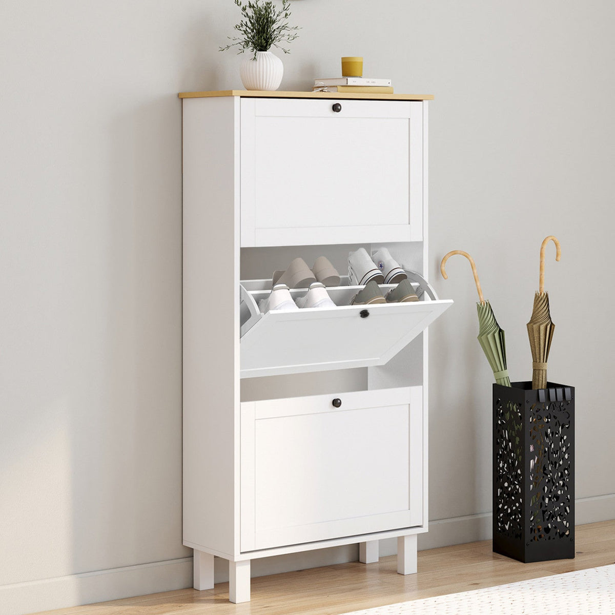 Meuble à chaussures 18 paires ACHILLE 3 portes blanc et plateau bois