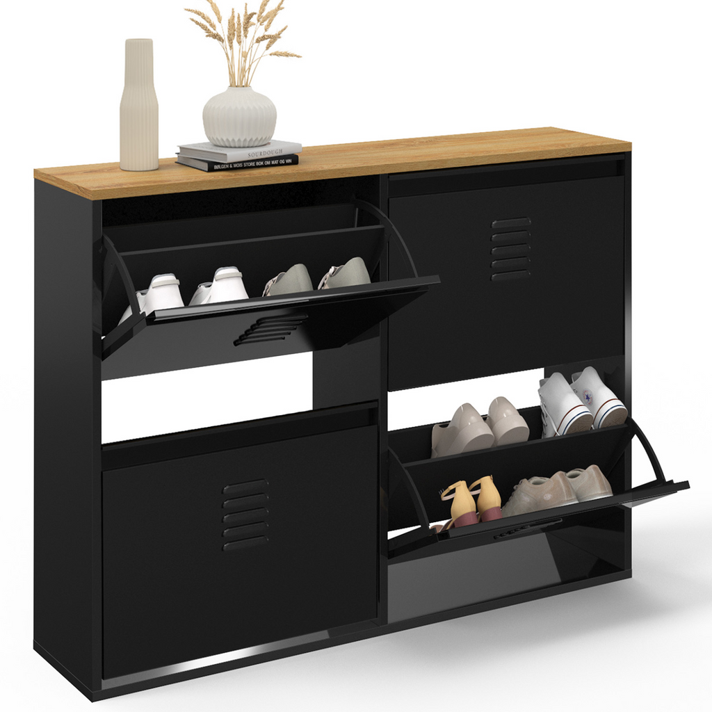 Meuble à chaussures 20 paires ESTER 4 portes métal noir et plateau façon hêtre design industriel