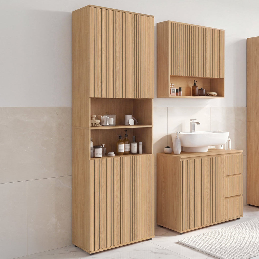 Colonne de salle de bain VICTOR 4 portes 2 niches effet lattes