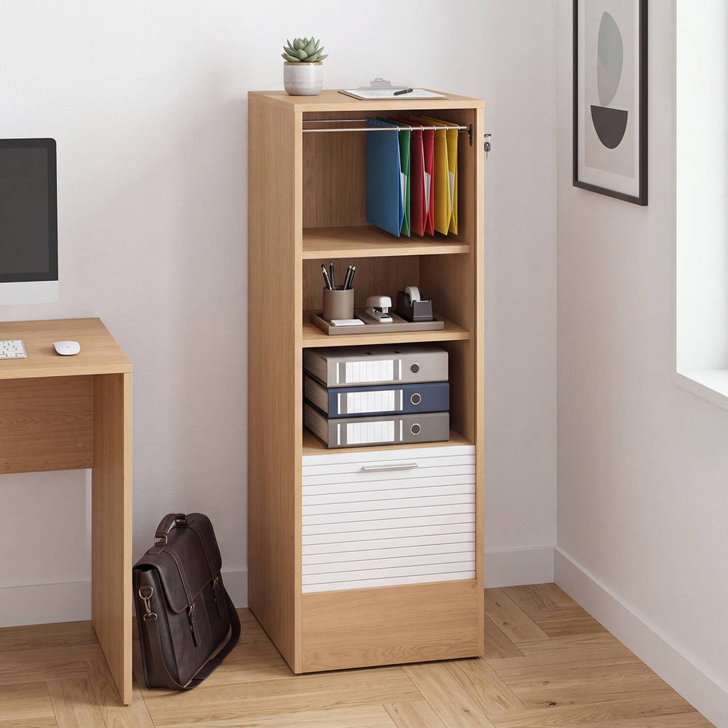 Meuble classeur à rideau verrouillable 4 tablettes H. 110 cm blanc et bois