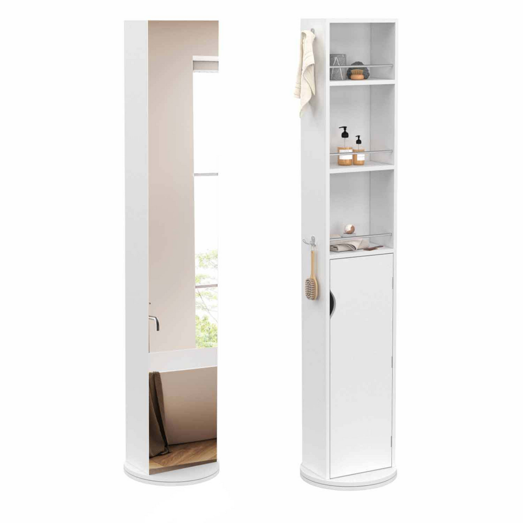 Colonne de salle de bain pivotante avec miroir, placard et étagères blanc ELIA