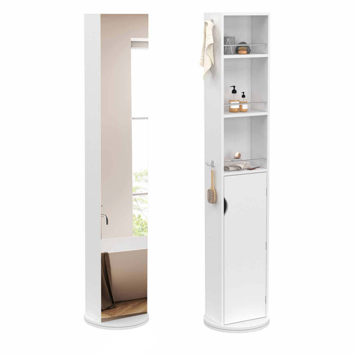Colonne de salle de bain pivotante avec miroir, placard et étagères blanc ELIA