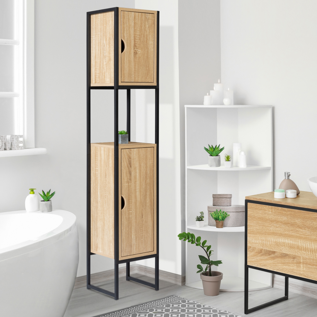 Meuble colonne de salle de bain DETROIT 2 portes 1 niche design industriel