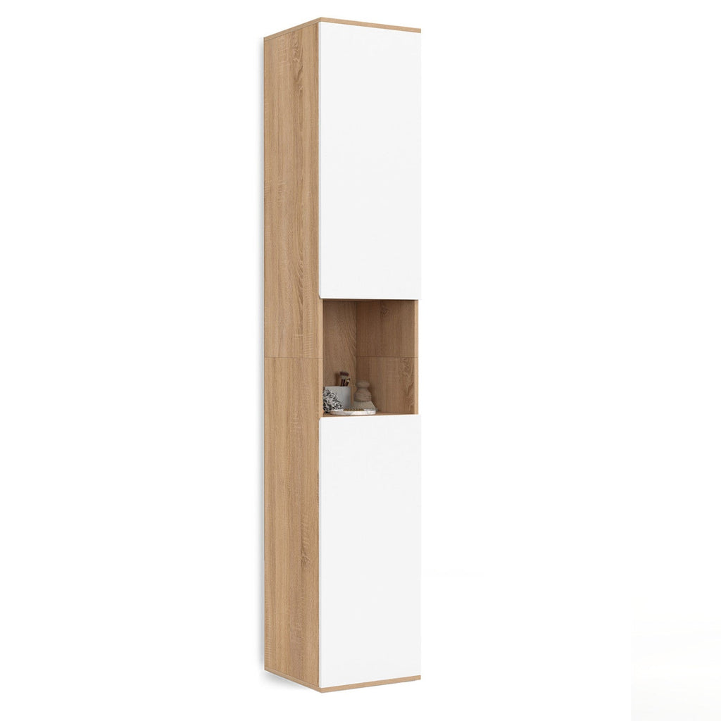 Meuble colonne de salle de bain suspendu TOMI, 2 portes, 1 niche, décor hêtre et blanc