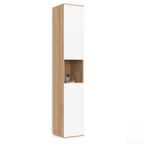 Meuble colonne de salle de bain suspendu TOMI, 2 portes, 1 niche, décor hêtre et blanc
