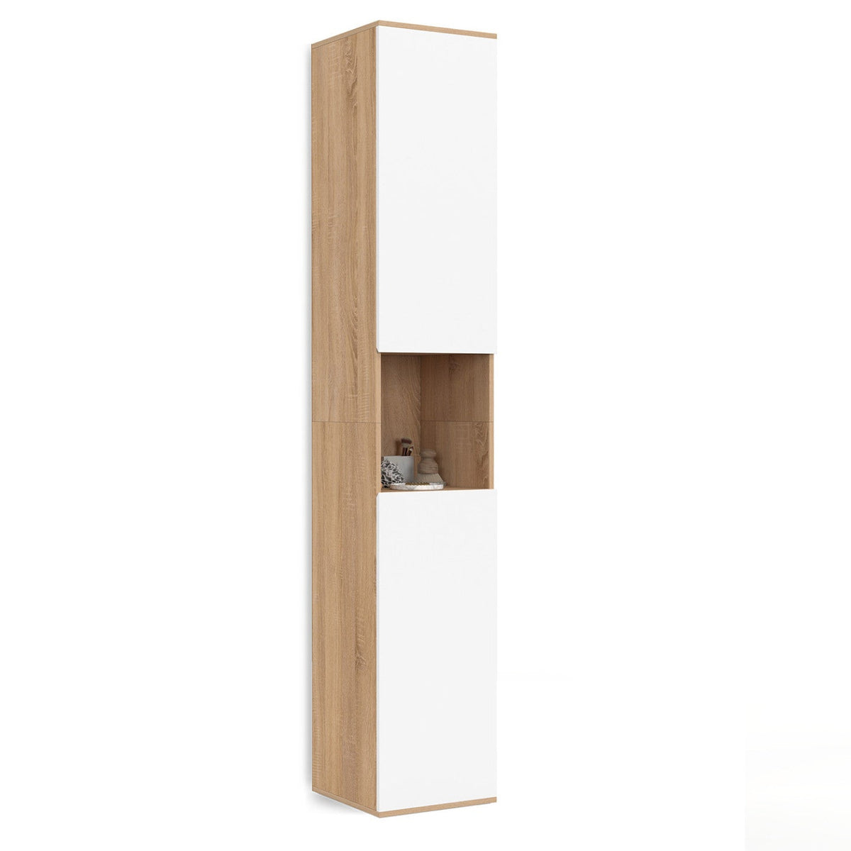 Meuble colonne de salle de bain suspendu TOMI, 2 portes, 1 niche, décor hêtre et blanc