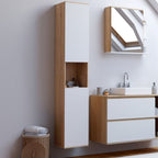 Meuble colonne de salle de bain suspendu TOMI, 2 portes, 1 niche, décor hêtre et blanc