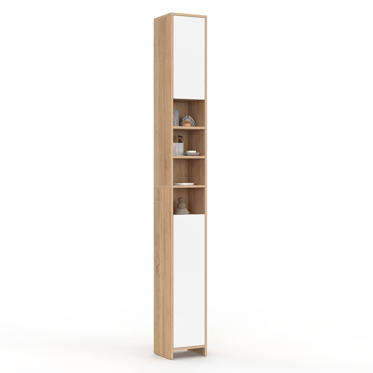 Meuble colonne de salle de bain TOMI, 2 portes et 4 niches, coloris hêtre et blanc