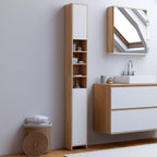 Meuble colonne de salle de bain TOMI, 2 portes et 4 niches, coloris hêtre et blanc